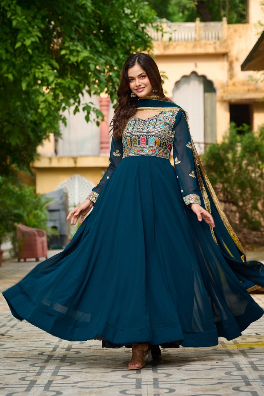Function Wear Rama Color Faux Blooming With Sequins And Multi Thread Embroidered Work Beautiful Gown