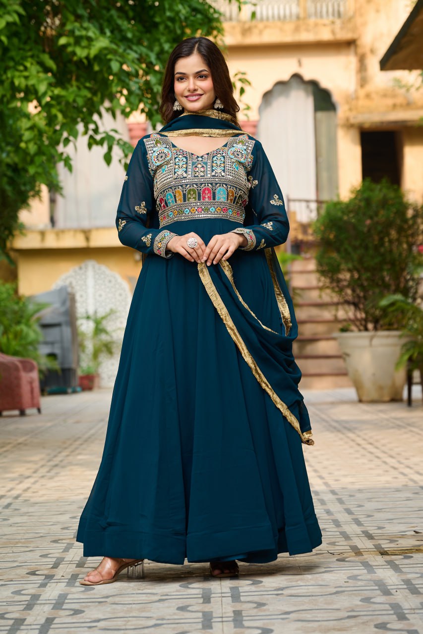 Function Wear Rama Color Faux Blooming With Sequins And Multi Thread Embroidered Work Beautiful Gown