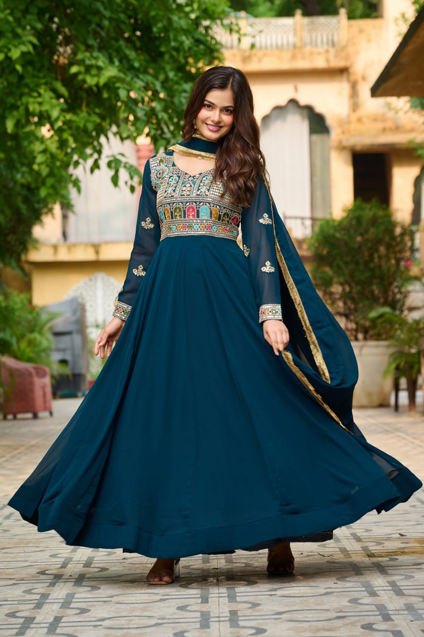Function Wear Rama Color Faux Blooming With Sequins And Multi Thread Embroidered Work Beautiful Gown