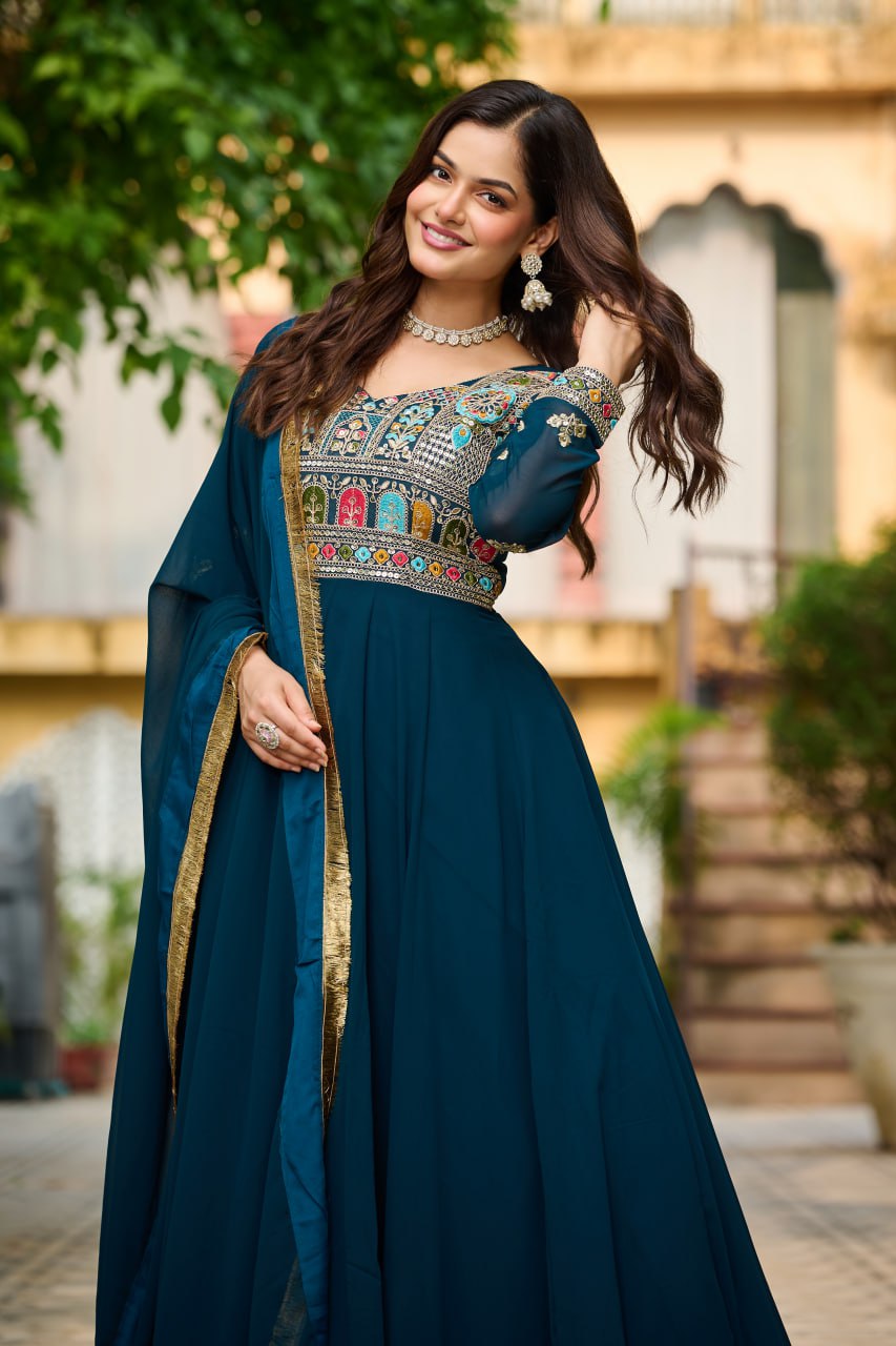 Function Wear Rama Color Faux Blooming With Sequins And Multi Thread Embroidered Work Beautiful Gown
