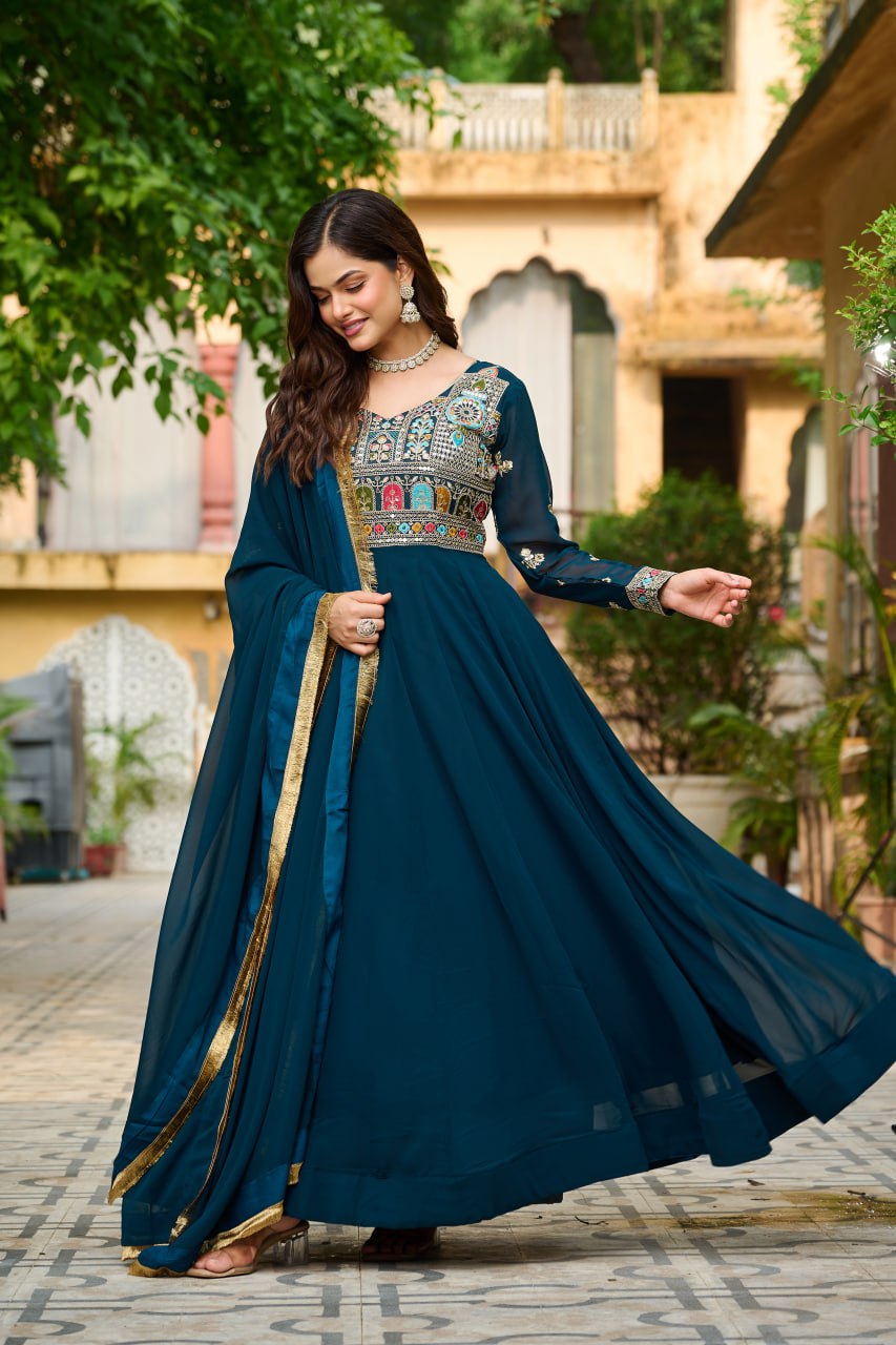 Function Wear Rama Color Faux Blooming With Sequins And Multi Thread Embroidered Work Beautiful Gown