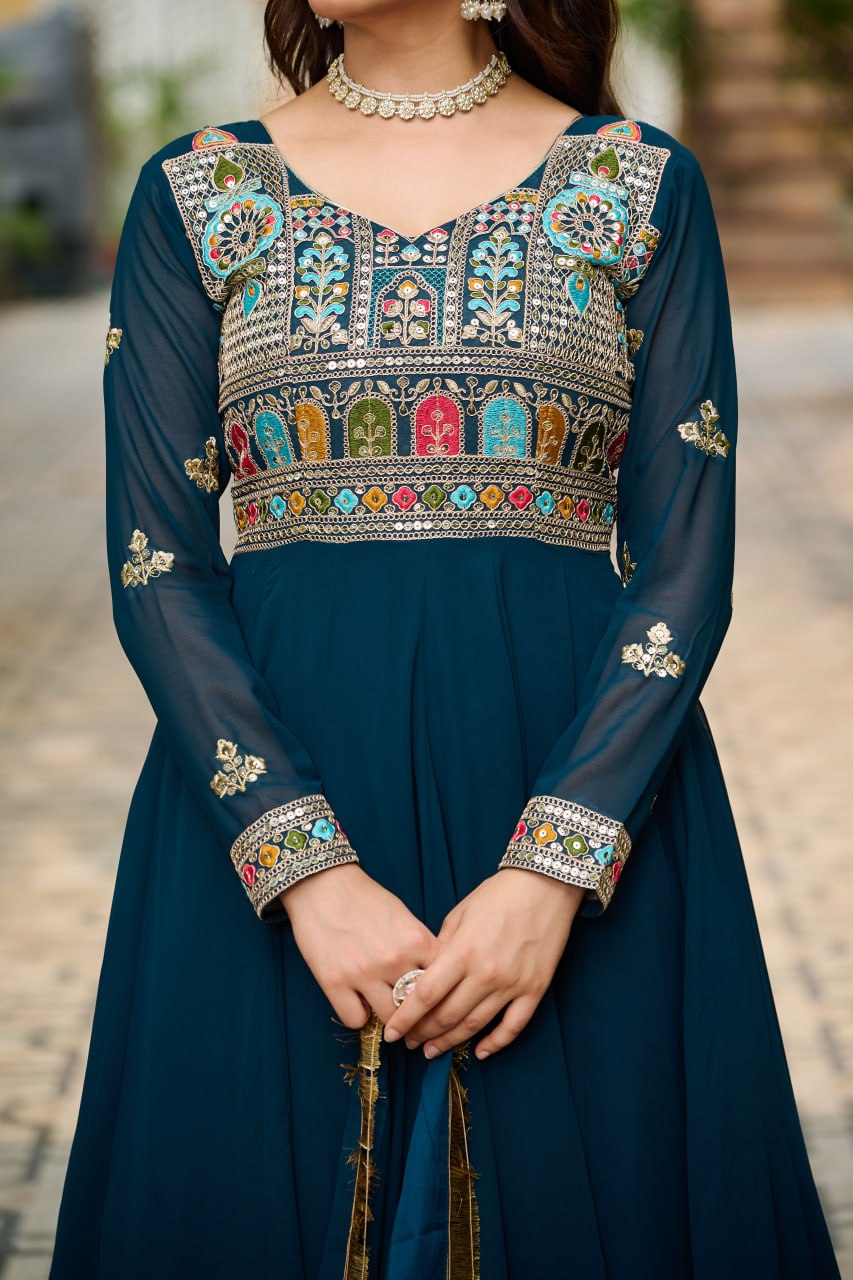 Function Wear Rama Color Faux Blooming With Sequins And Multi Thread Embroidered Work Beautiful Gown