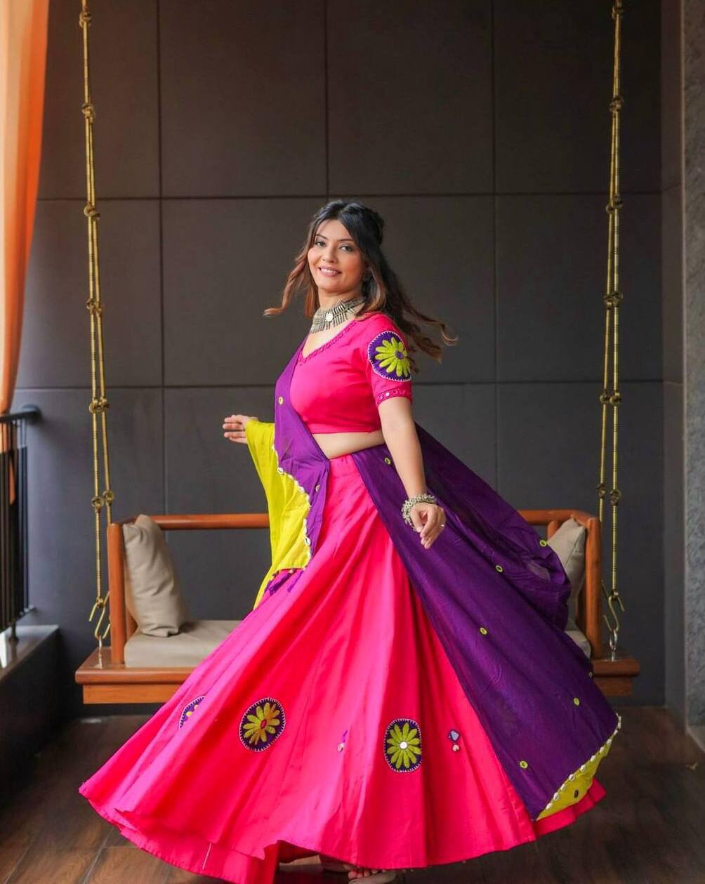 Navratri Style Pink Color Riyon Cotton Embroidery Thread Work Traditional Lehenga Choli