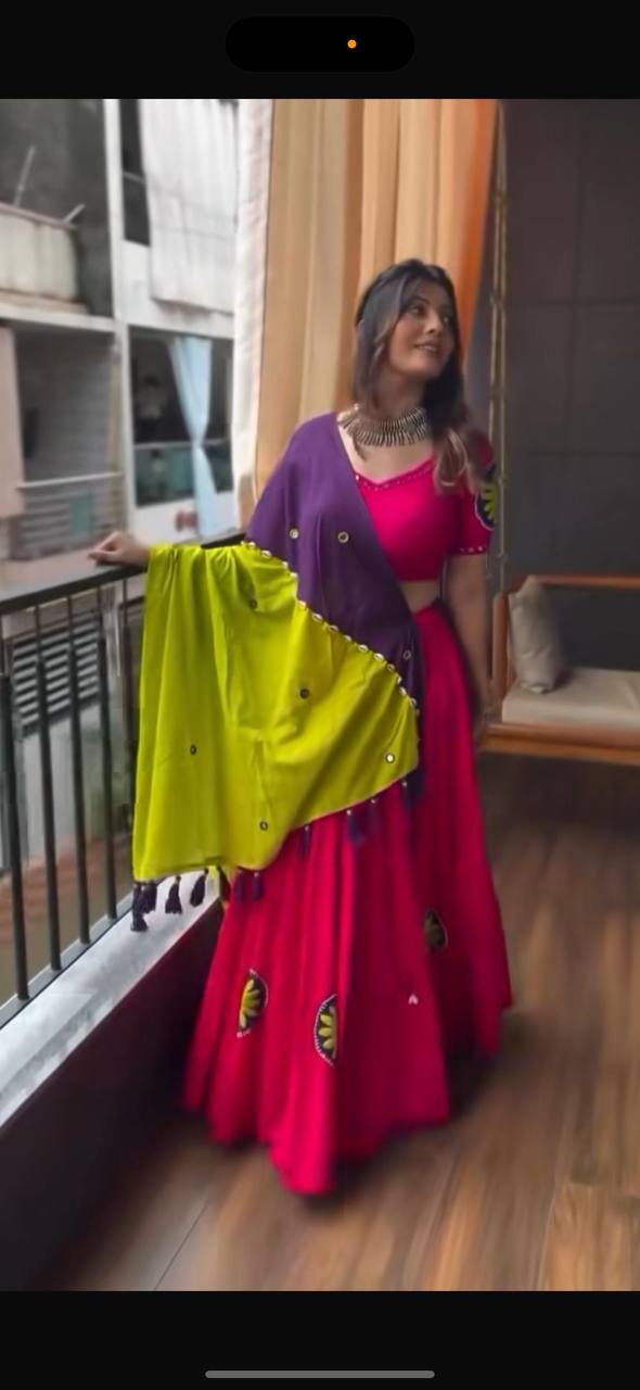 Navratri Style Pink Color Riyon Cotton Embroidery Thread Work Traditional Lehenga Choli