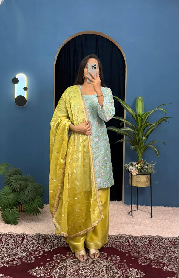 Party Wear Mustard And Green Jimmy Choo With Front And Back Side Embroidery Work Palazzo Suit