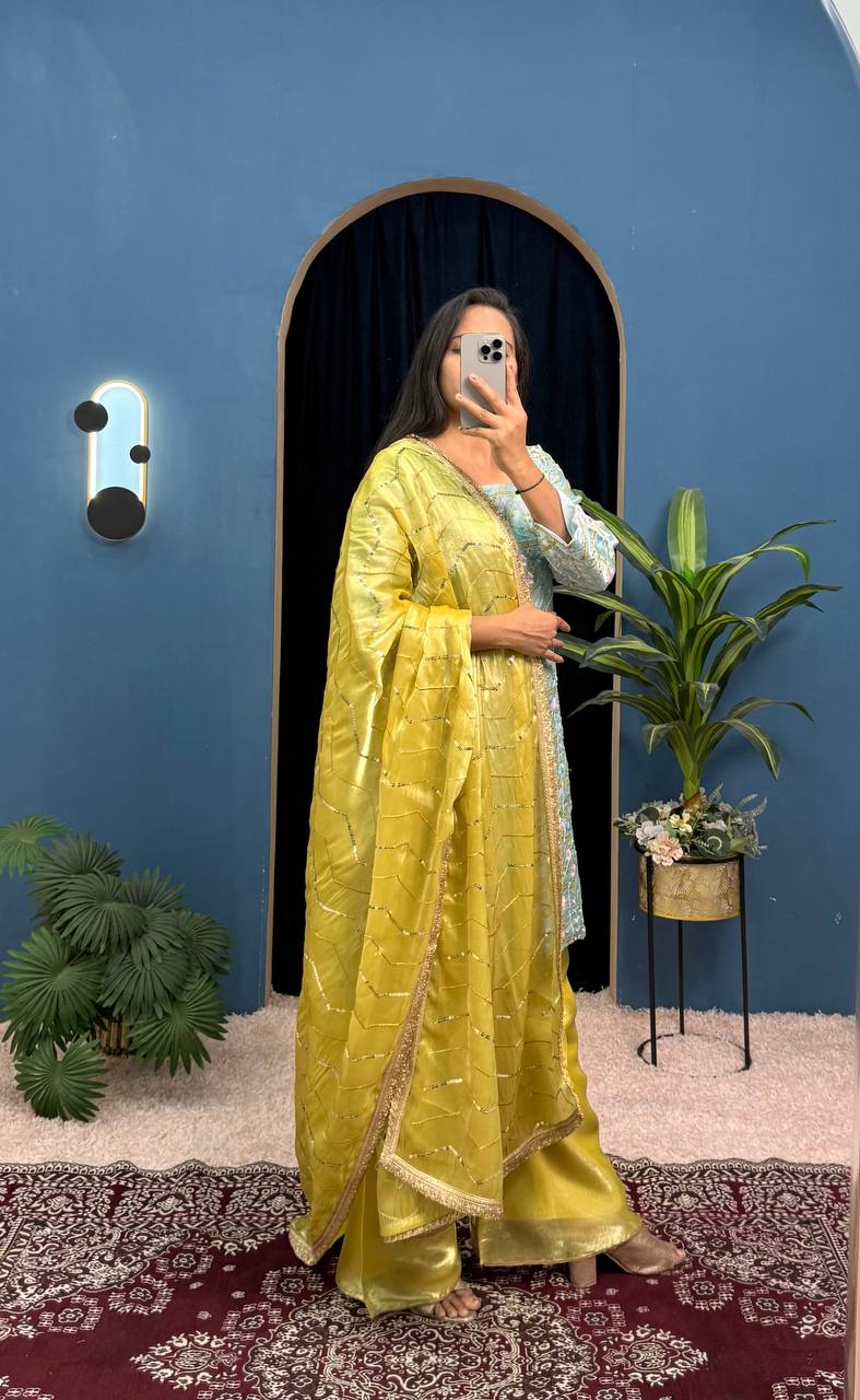 Party Wear Mustard And Green Jimmy Choo With Front And Back Side Embroidery Work Palazzo Suit