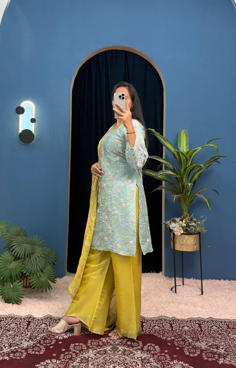 Party Wear Mustard And Green Jimmy Choo With Front And Back Side Embroidery Work Palazzo Suit