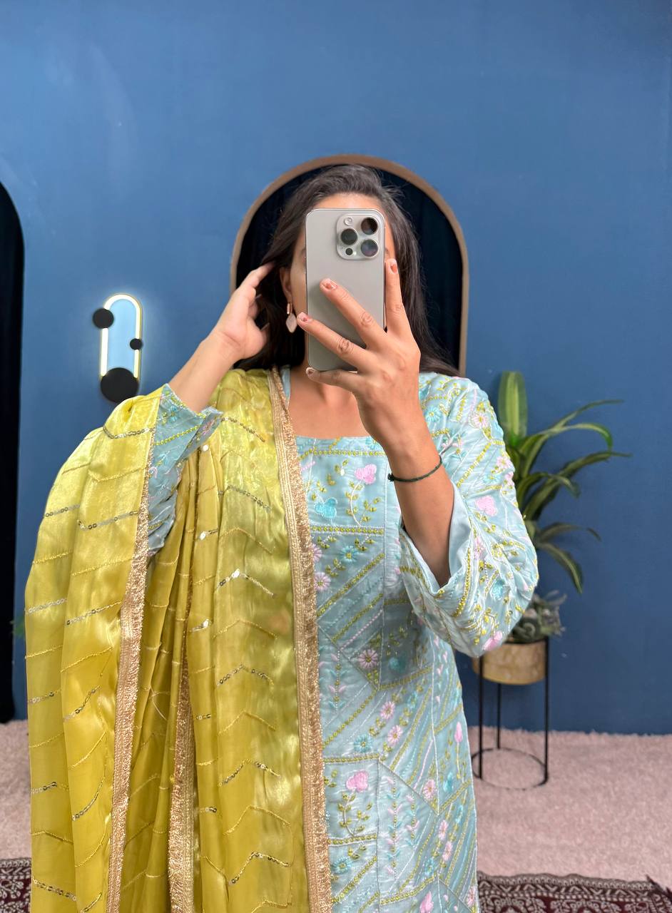 Party Wear Mustard And Green Jimmy Choo With Front And Back Side Embroidery Work Palazzo Suit