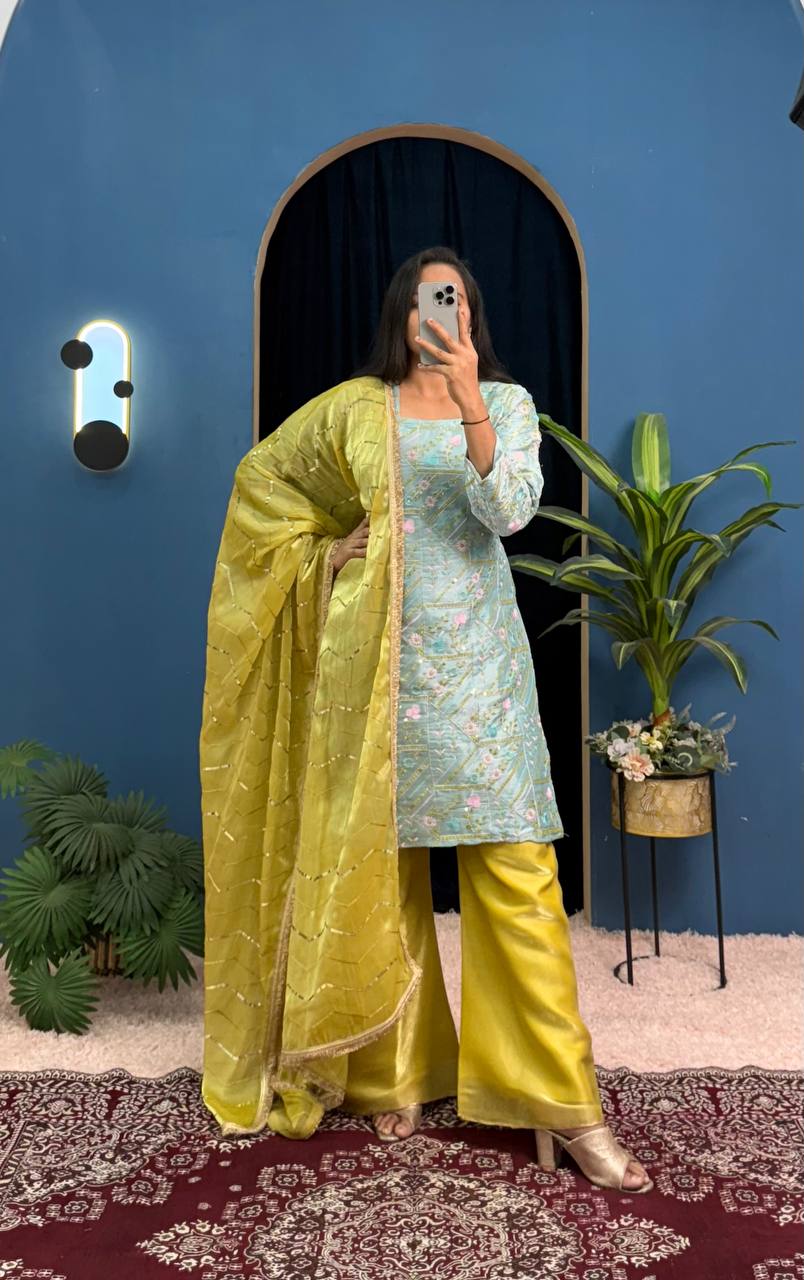 Party Wear Mustard And Green Jimmy Choo With Front And Back Side Embroidery Work Palazzo Suit