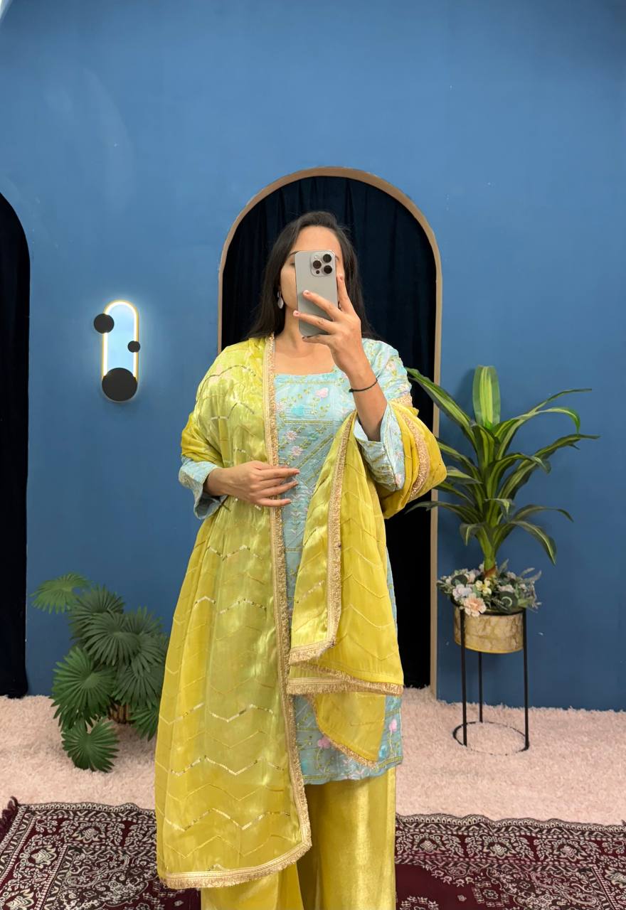 Party Wear Mustard And Green Jimmy Choo With Front And Back Side Embroidery Work Palazzo Suit