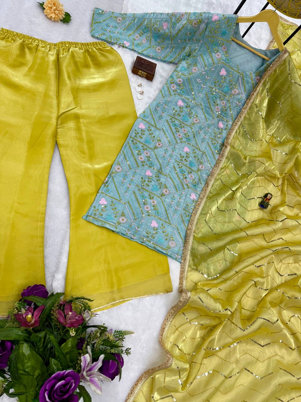 Party Wear Mustard And Green Jimmy Choo With Front And Back Side Embroidery Work Palazzo Suit