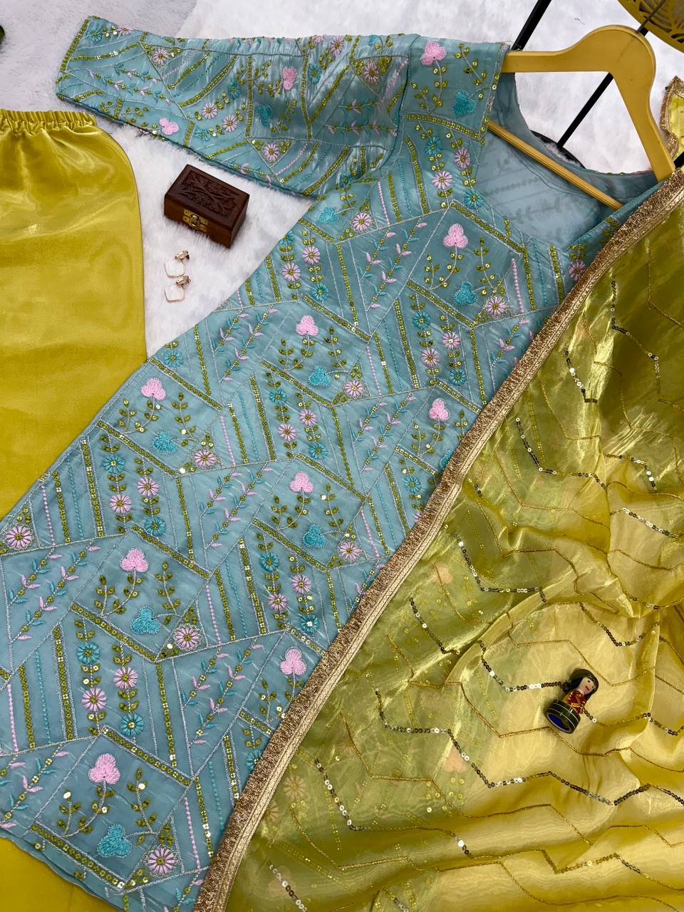 Party Wear Mustard And Green Jimmy Choo With Front And Back Side Embroidery Work Palazzo Suit