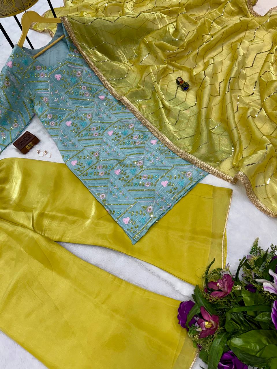 Party Wear Mustard And Green Jimmy Choo With Front And Back Side Embroidery Work Palazzo Suit