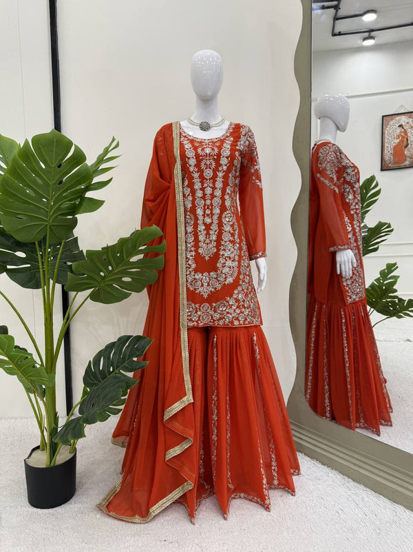 Party Wear Orange Color Faux Georgette Thread With Sequin Embroidery Work Sharara Suit