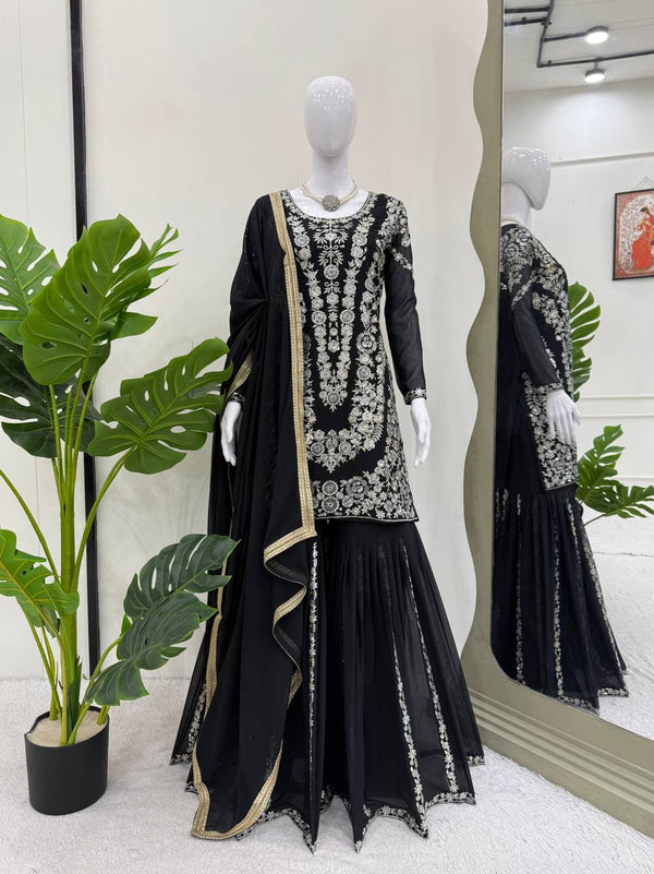 Party Wear Black Color Faux Georgette Thread With Sequin Embroidery Work Sharara Suit