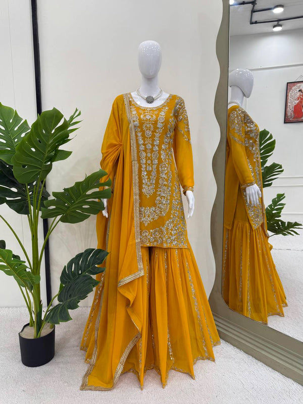 Haldi Wear Yellow Color Faux Georgette Thread With Sequin Embroidery Work Sharara Suit