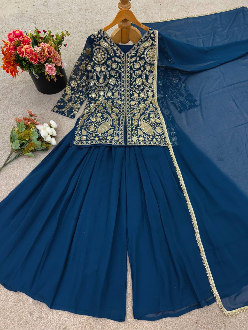 Beautiful Faux Georgette Teal Color Embroidered Party Wear Palazzo Set with Dupatta