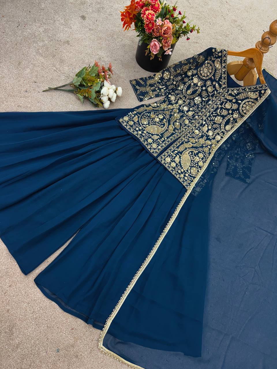 Beautiful Faux Georgette Teal Color Embroidered Party Wear Palazzo Set with Dupatta