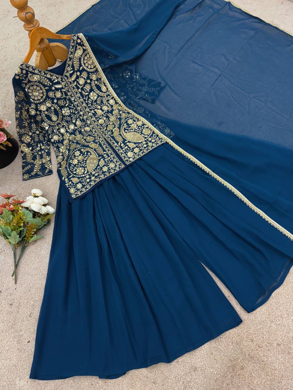 Beautiful Faux Georgette Teal Color Embroidered Party Wear Palazzo Set with Dupatta