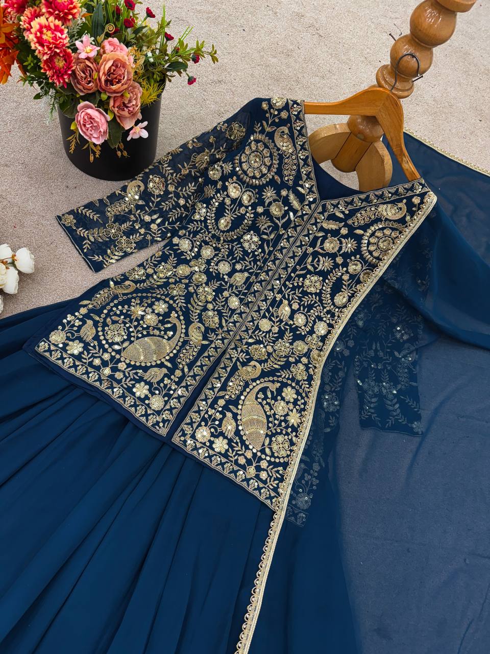 Beautiful Faux Georgette Teal Color Embroidered Party Wear Palazzo Set with Dupatta