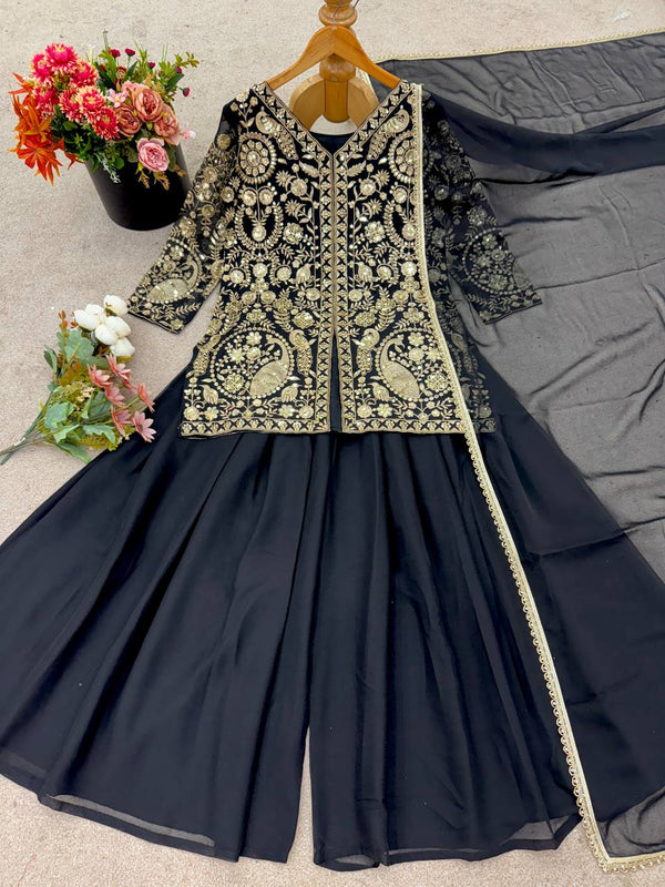 Latest Beautiful Faux Georgette Black Color Embroidered Party Wear Palazzo Set with Dupatta