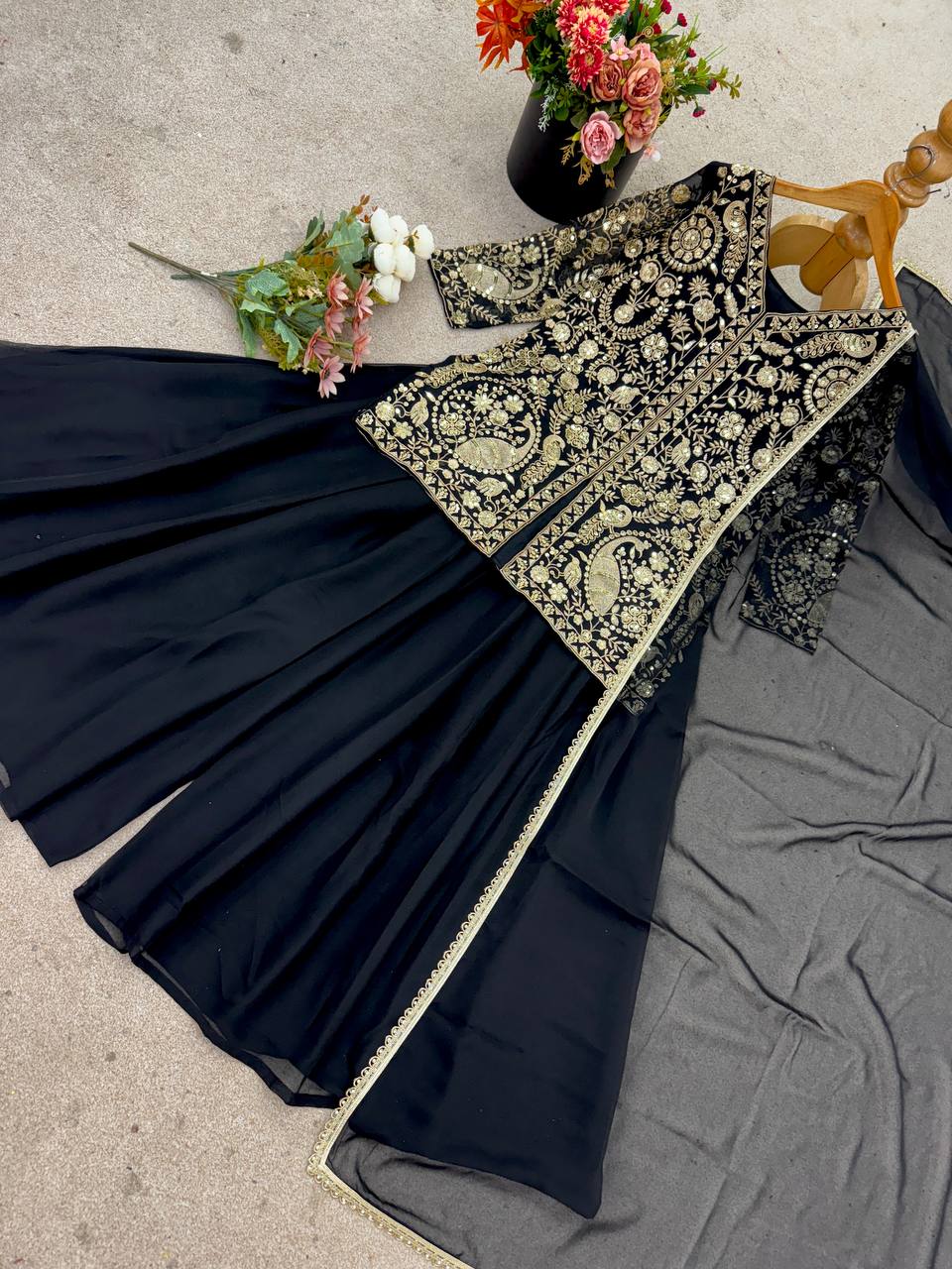 Latest Beautiful Faux Georgette Black Color Embroidered Party Wear Palazzo Set with Dupatta