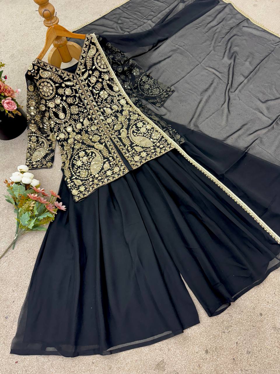 Latest Beautiful Faux Georgette Black Color Embroidered Party Wear Palazzo Set with Dupatta