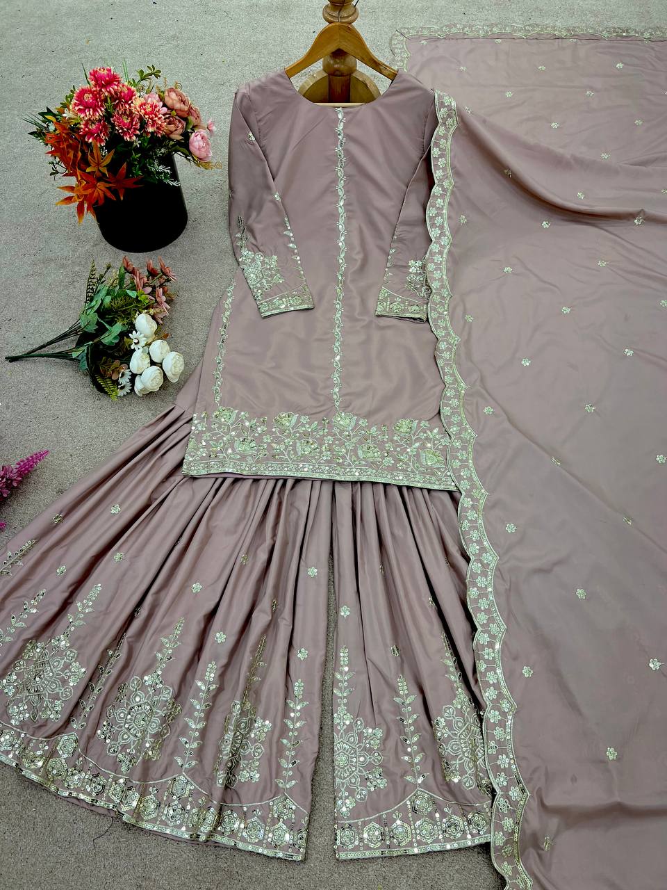 Wedding Wear Dusty Peach Color Natural Crepe Silk With Embroidery And Sequence Work Sharara Suit