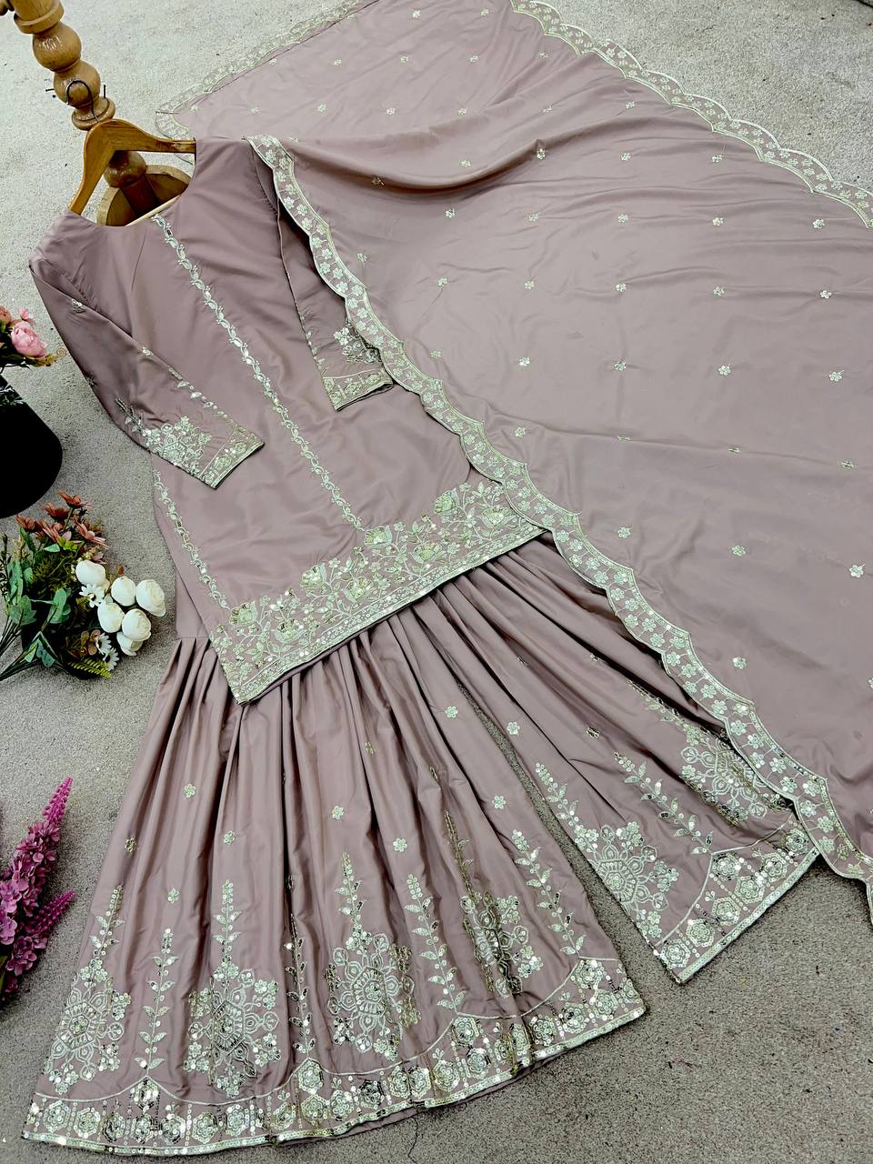 Wedding Wear Dusty Peach Color Natural Crepe Silk With Embroidery And Sequence Work Sharara Suit