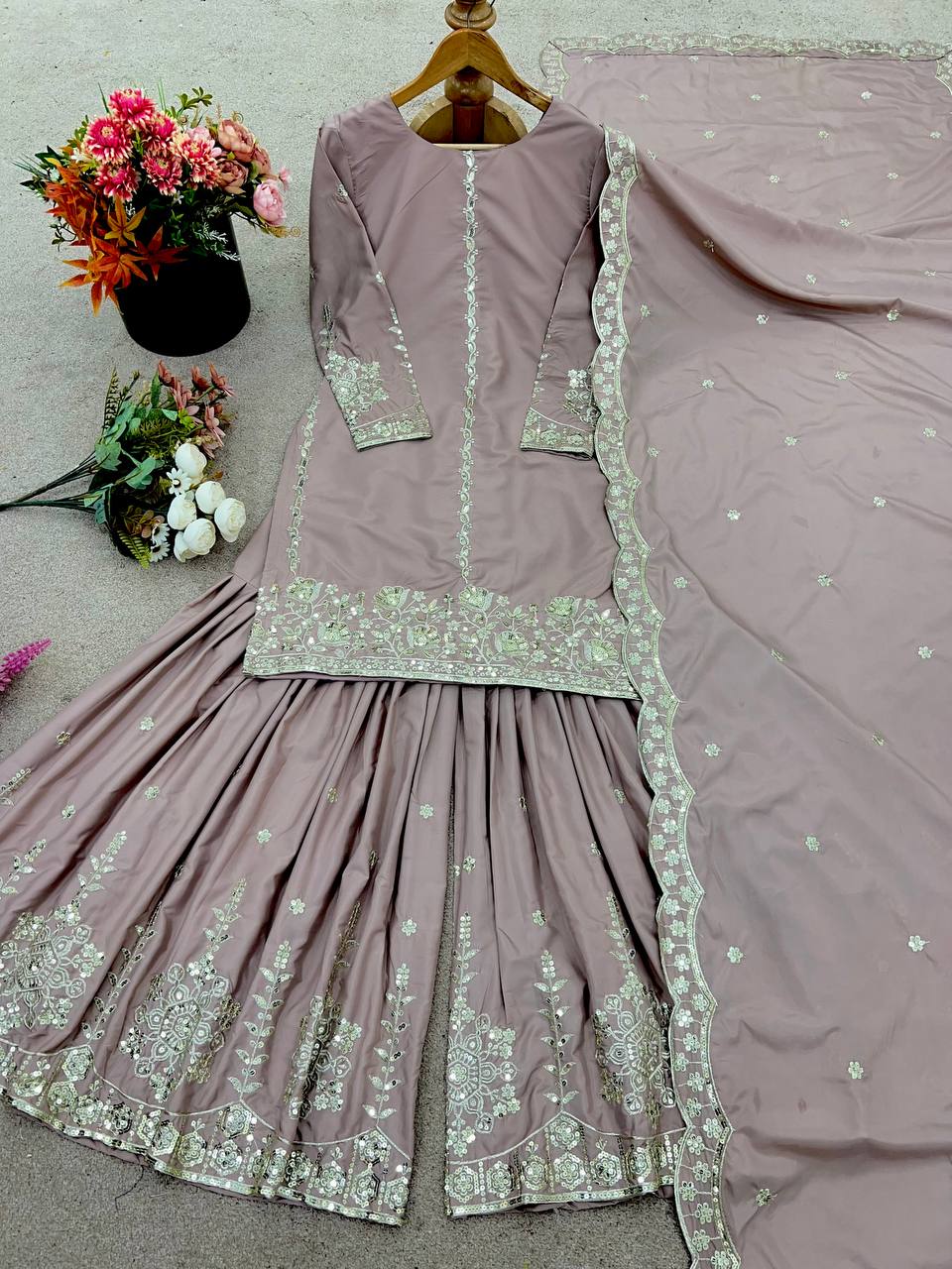 Wedding Wear Dusty Peach Color Natural Crepe Silk With Embroidery And Sequence Work Sharara Suit