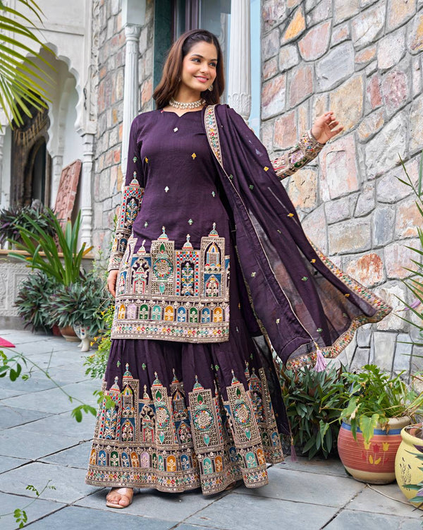 Wedding Wear Purple Color Pure Chinnon Silk Heavy Embroidery With Coding Dori And Sequence Work Palazzo Suit