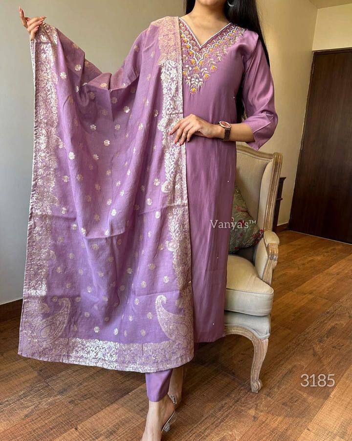 Eyes Catching Onion Color Viscose Chanderi With Embroidery Work Designer Kurta Set