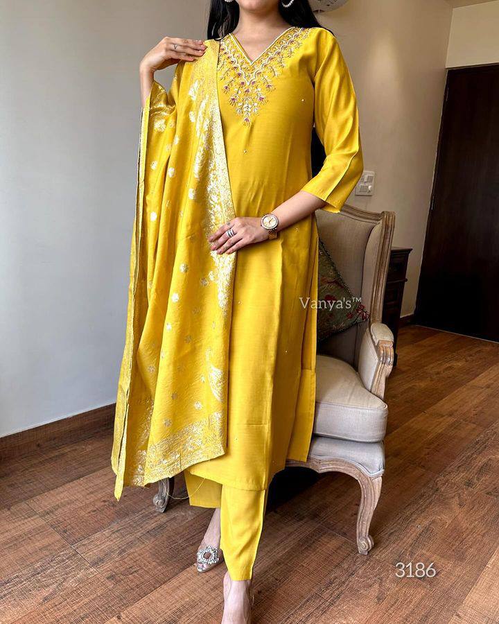Eyes Catching Yellow Color Viscose Chanderi With Embroidery Work Designer Kurta Set