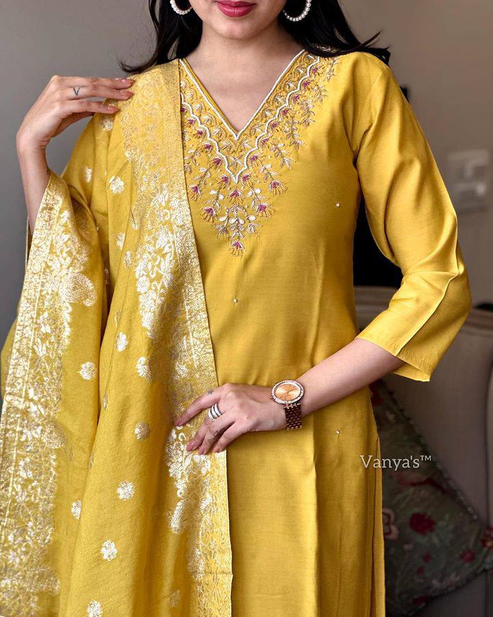 Eyes Catching Yellow Color Viscose Chanderi With Embroidery Work Designer Kurta Set