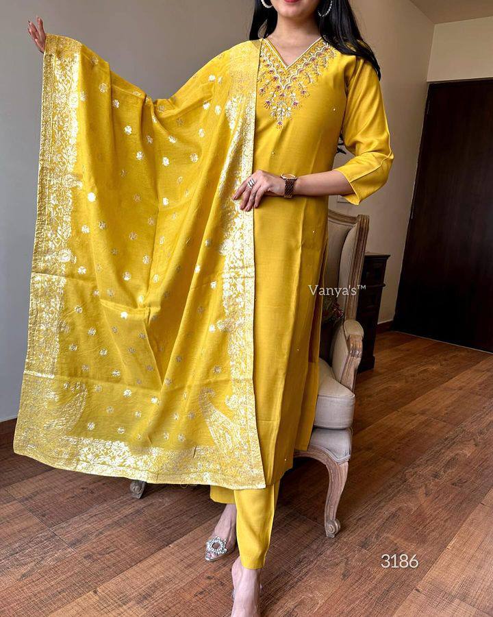 Eyes Catching Yellow Color Viscose Chanderi With Embroidery Work Designer Kurta Set