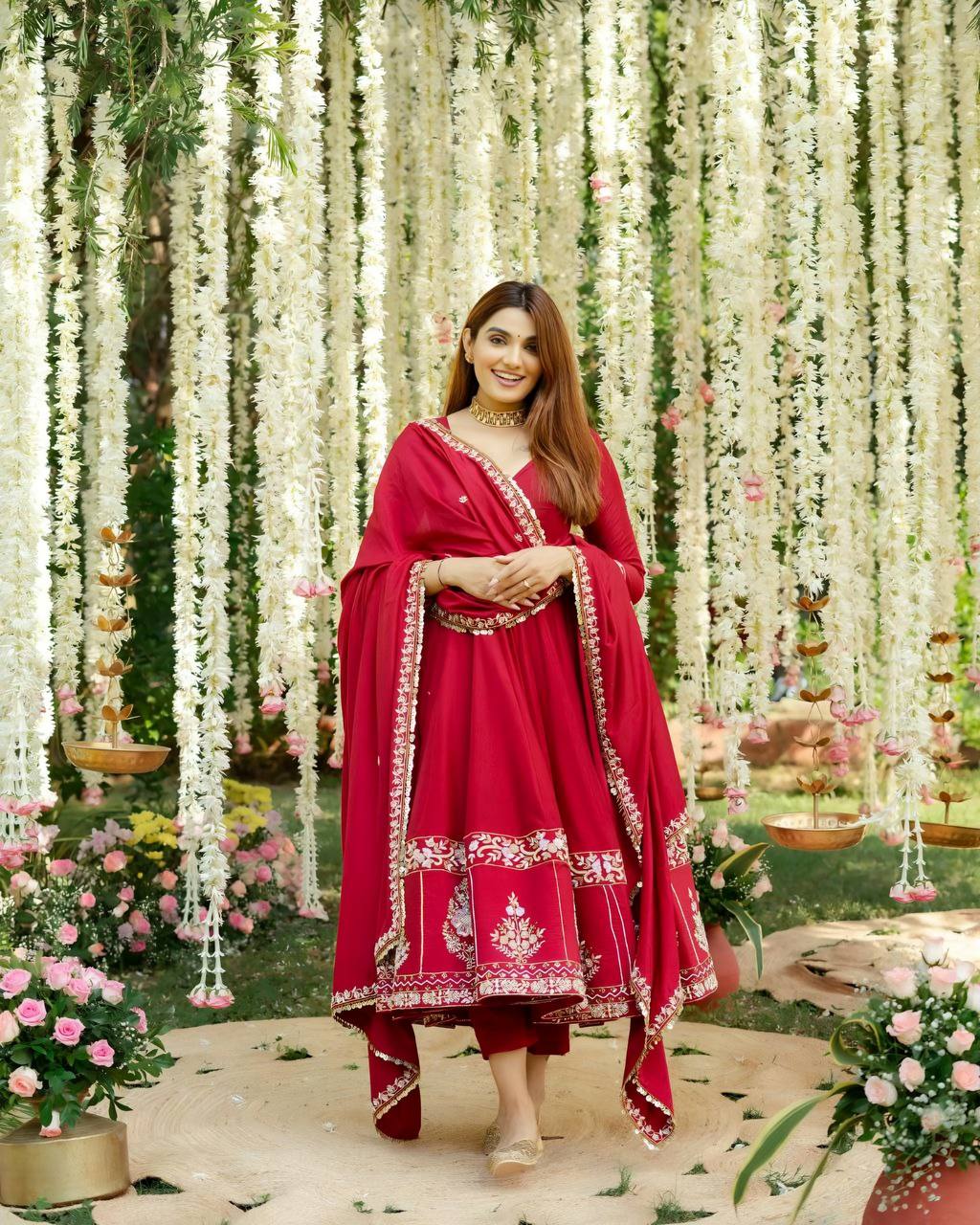 Wedding Wear Red Color Roman Silk Heavy Multi Embroidered Sequins And Thread Work Anarkali Gown