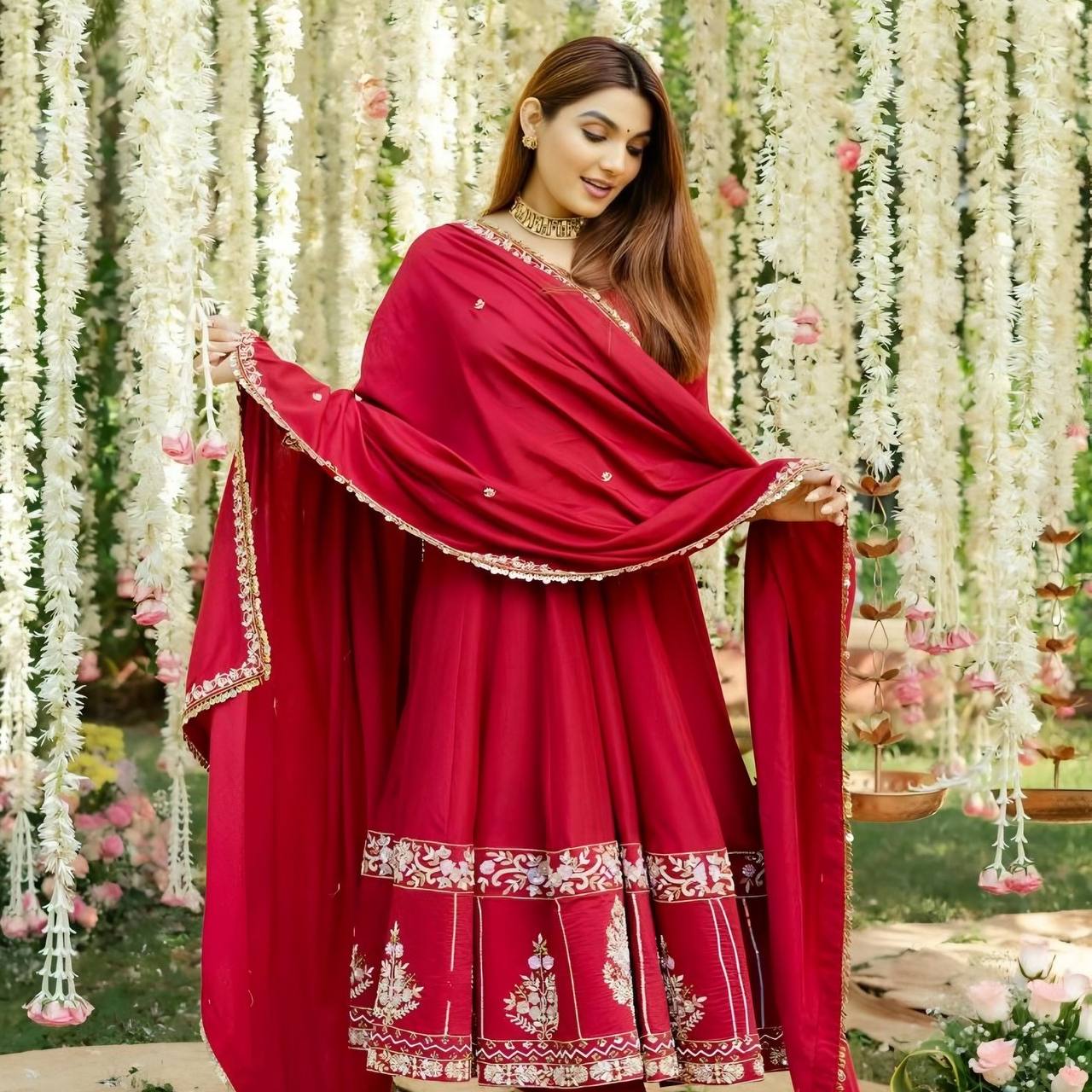 Wedding Wear Red Color Roman Silk Heavy Multi Embroidered Sequins And Thread Work Anarkali Gown