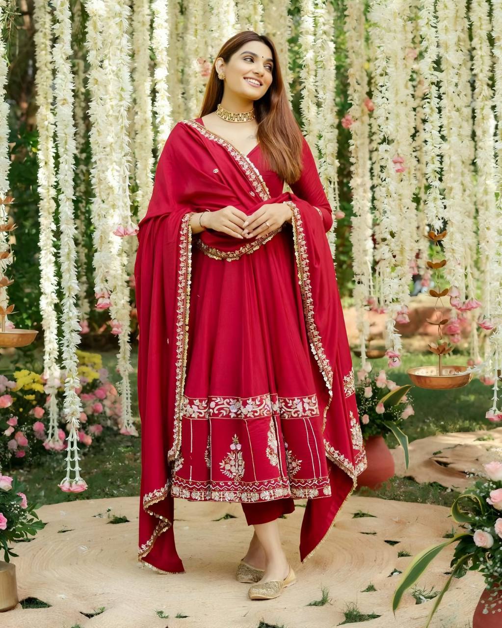 Wedding Wear Red Color Roman Silk Heavy Multi Embroidered Sequins And Thread Work Anarkali Gown