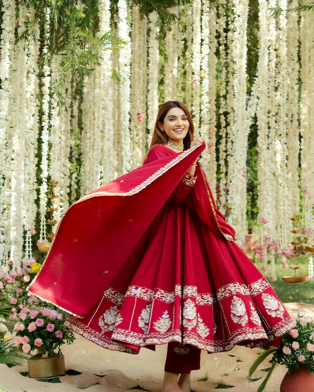 Wedding Wear Red Color Roman Silk Heavy Multi Embroidered Sequins And Thread Work Anarkali Gown