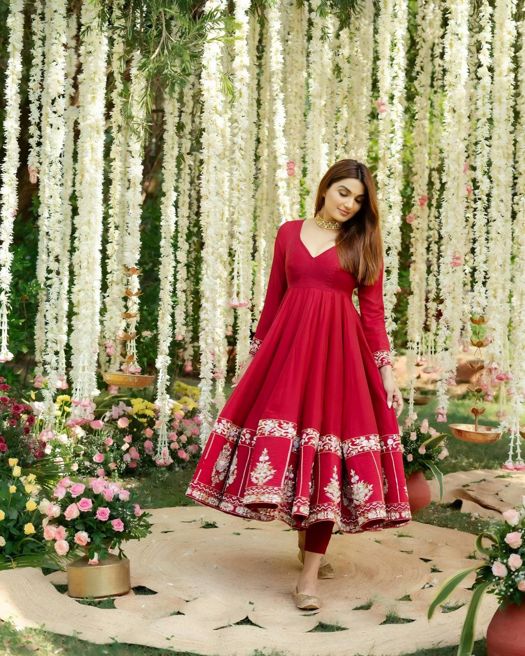 Wedding Wear Red Color Roman Silk Heavy Multi Embroidered Sequins And Thread Work Anarkali Gown