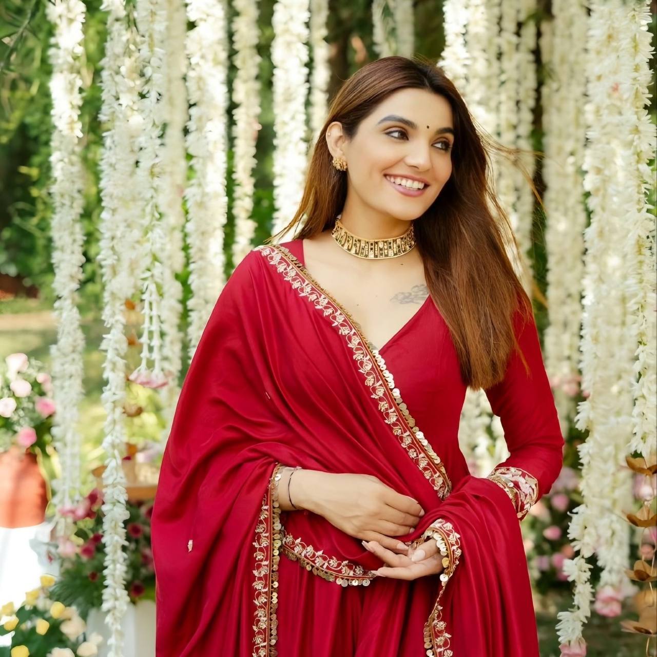 Wedding Wear Red Color Roman Silk Heavy Multi Embroidered Sequins And Thread Work Anarkali Gown
