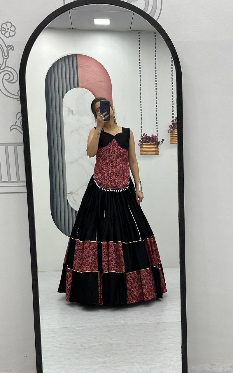Traditional Wear Black Color Pure Cotton With Traditional Ajarakh Printed Designer Navratri Lehenga Choli