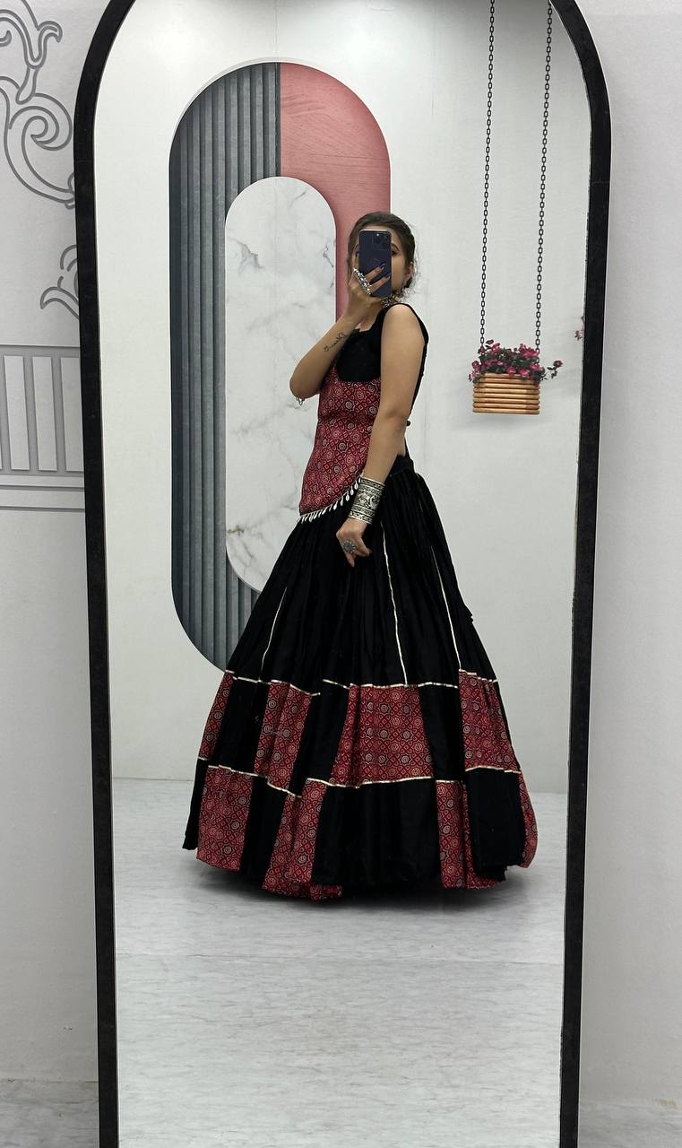 Traditional Wear Black Color Pure Cotton With Traditional Ajarakh Printed Designer Navratri Lehenga Choli
