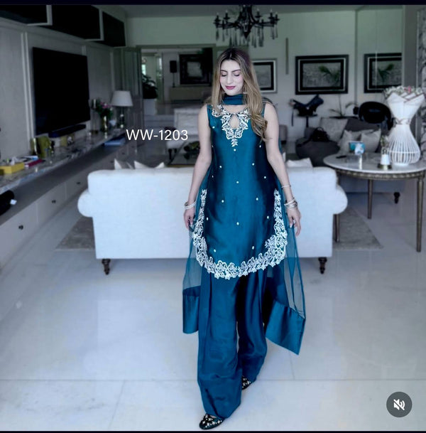 Function Wear Teal Blue Pure Natural Crepe With Heavy Cotton Thread Embroidery Work Top With Palazzo