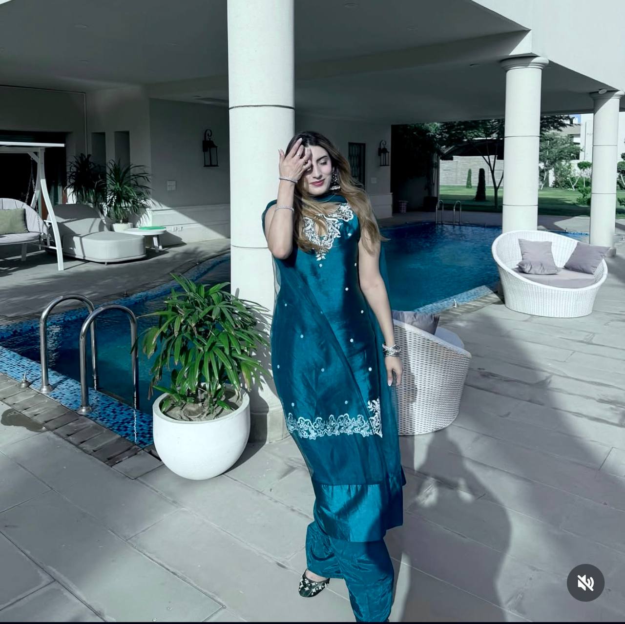 Function Wear Teal Blue Pure Natural Crepe With Heavy Cotton Thread Embroidery Work Top With Palazzo