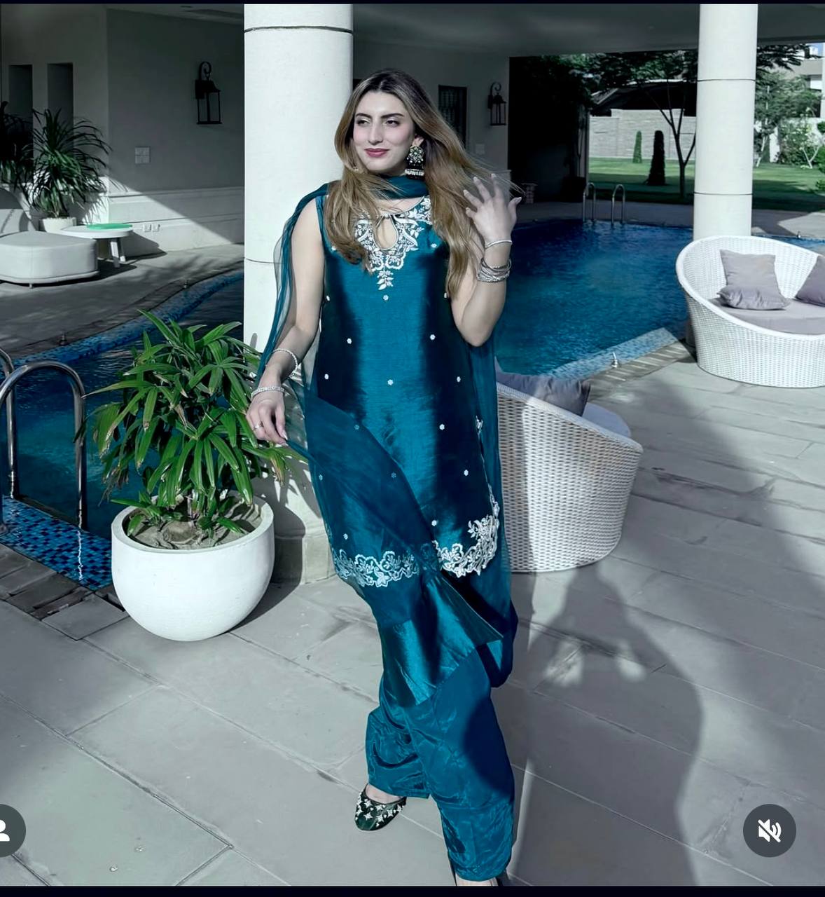 Function Wear Teal Blue Pure Natural Crepe With Heavy Cotton Thread Embroidery Work Top With Palazzo