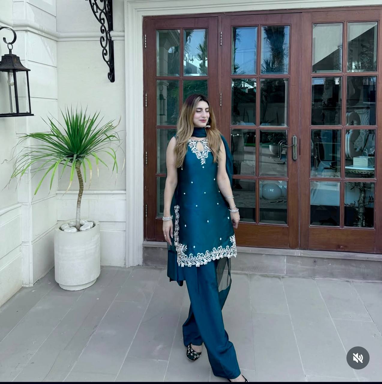 Function Wear Teal Blue Pure Natural Crepe With Heavy Cotton Thread Embroidery Work Top With Palazzo