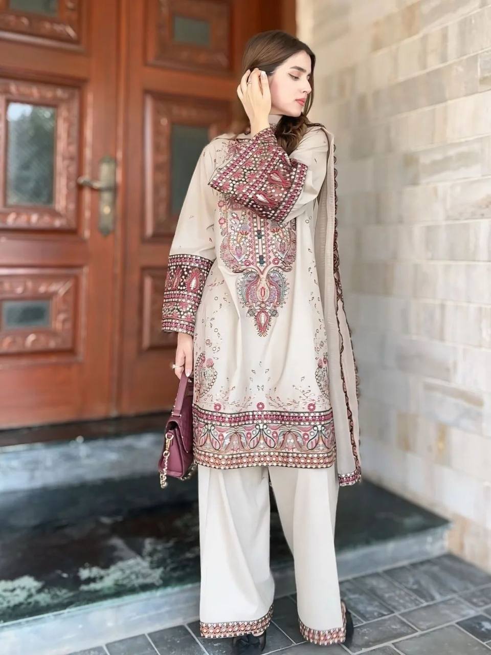Wedding Wear Cream Color Roman Silk All-Over Sequin Embroidery Work Beautiful Palazzo Suit