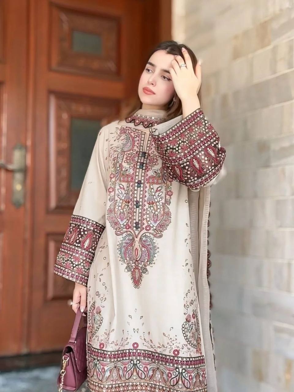 Wedding Wear Cream Color Roman Silk All-Over Sequin Embroidery Work Beautiful Palazzo Suit