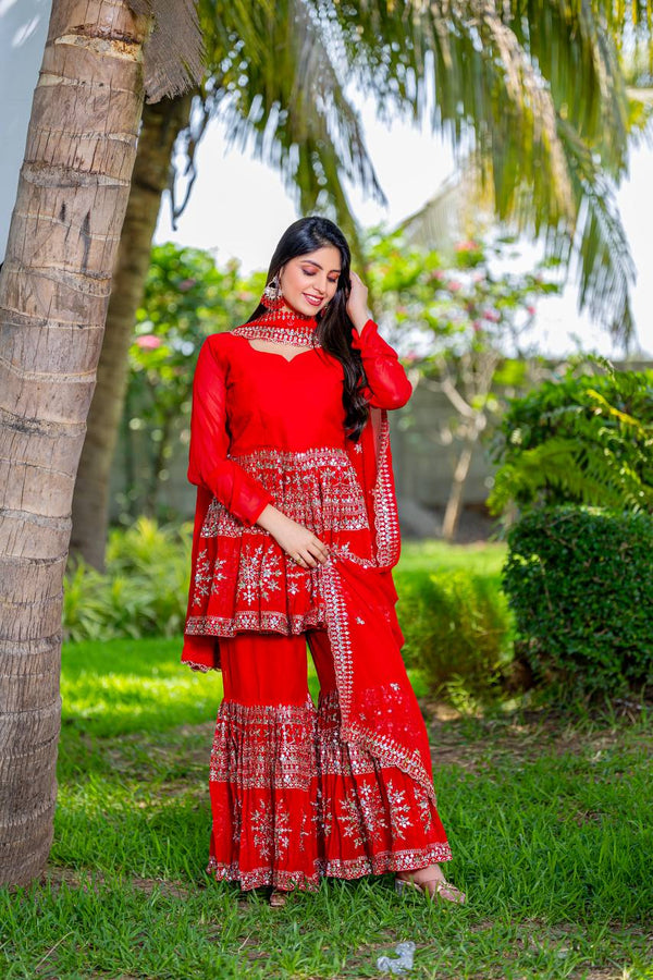 Wedding Wear Red Color Heavy Faux Georgette With Heavy Embroidery Work Sharara Suit